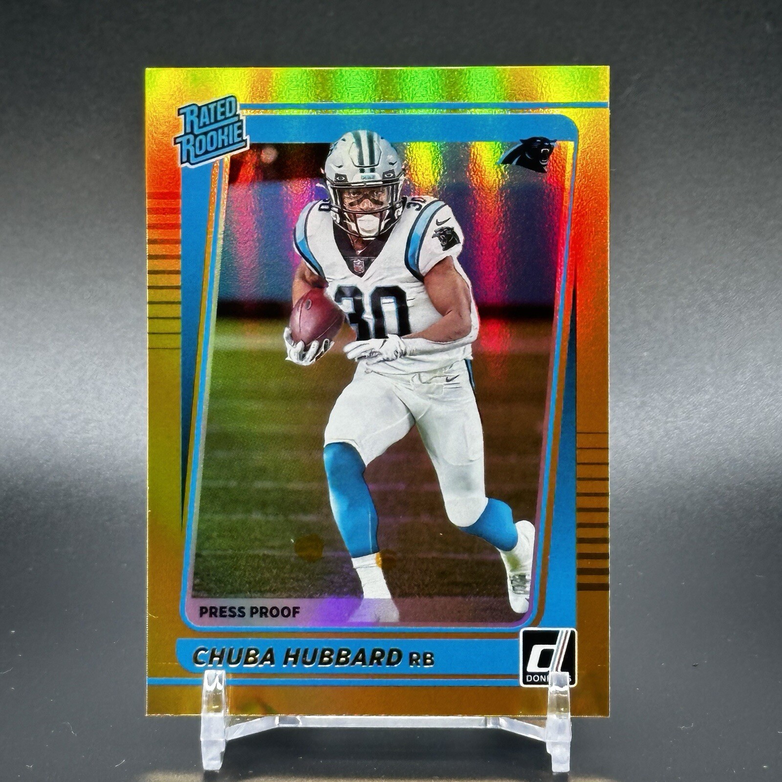 2021 Donruss Chuba Hubbard Rated Rookie Gold Holo Premium Stock Press Proof #287