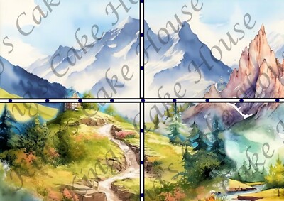 Aquarell Berge, Essbare Tortenfolie, Zuckerguss Blätter.