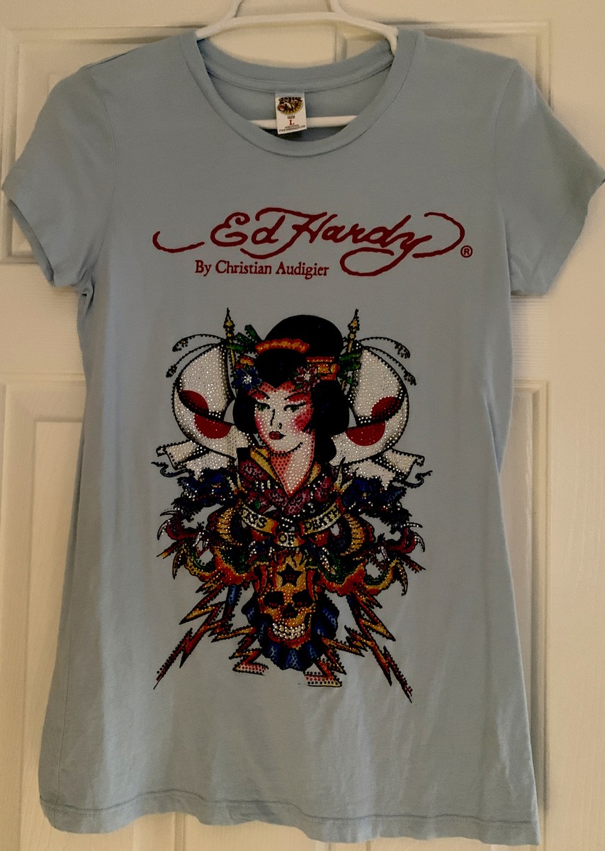 ED HARDY SZ L WOMEN'S RHINESTONE GEISHA GIRL T-SHIRT In BABY