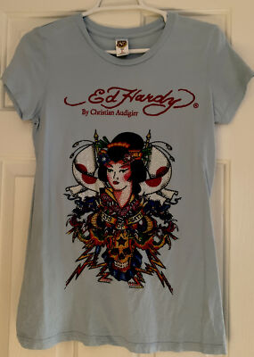ED HARDY SZ L WOMEN'S RHINESTONE GEISHA GIRL T-SHIRT In BABY