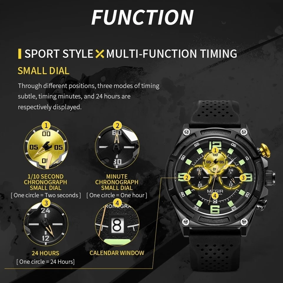 Reloj pulsera MEGIR correa de silicona cronógrafo impermeable deportivo informal para hombre Foto 4 de 4