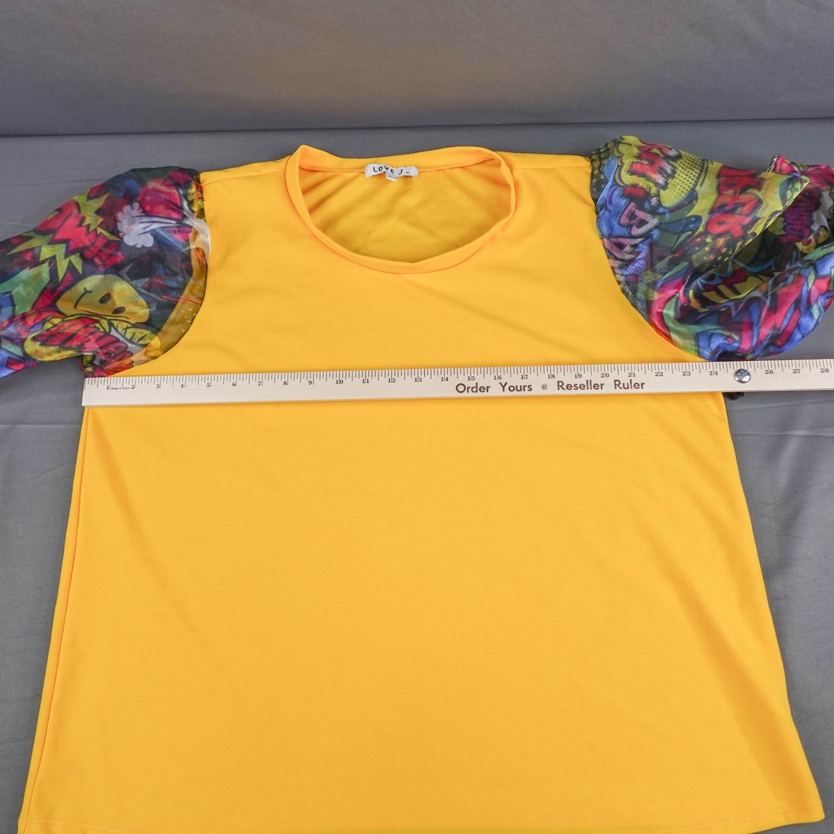 Love J Womens Top Plus 3X Yellow Statement Sleeve Pop Art