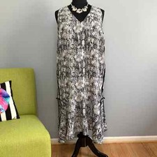 Sejour Black White Print Lace Up Tie Swing Dress NEW 2X
