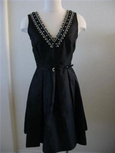 ABITO KATE SPADE DABNEY CON PERLINE IMPREZIOSITO MIDAS NERO COLLO A V taglia: 2 nuovo con etichette $445