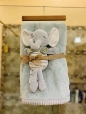 New ChickPea Mint Green Baby Blanket Ribbed & Plush Striped Elephant Toy 30 x 36