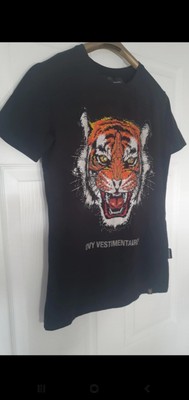 Ovy Vestimentaire Women's Size XS Black Cotton T.Shirt Crystal Beaded Tiger  