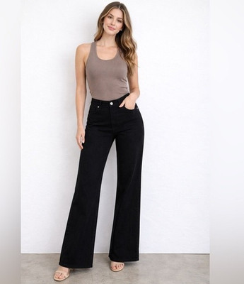 EUC H&M Divided Womens Size 2 Black High Waisted Wide Leg Jeans Denim Stretch