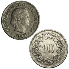 1947 Switzerland 10 Rappen Coin Libertas Bern B Minted Swiss CuNi KM27 Scarce XF