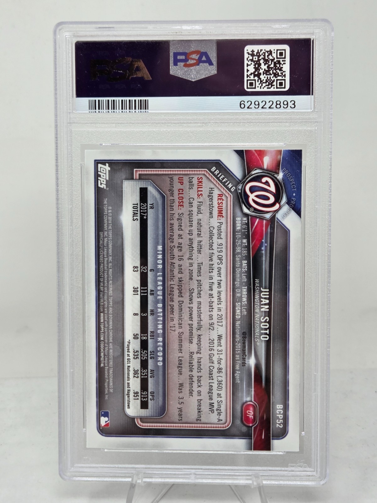2018 Bowman Chrome JUAN SOTO RC CARD PSA 10 GEM MINT view 2