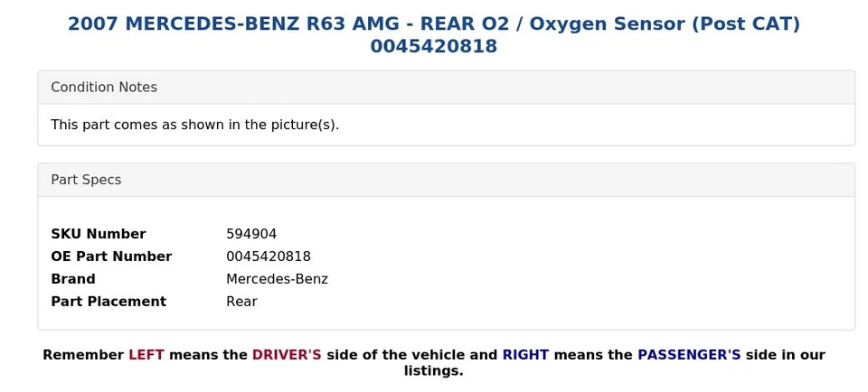 Mercedes-Benz R63 AMG 2007 - O2 trasero/sensor de oxígeno (post cat) 0045420818 Foto 4 de 4