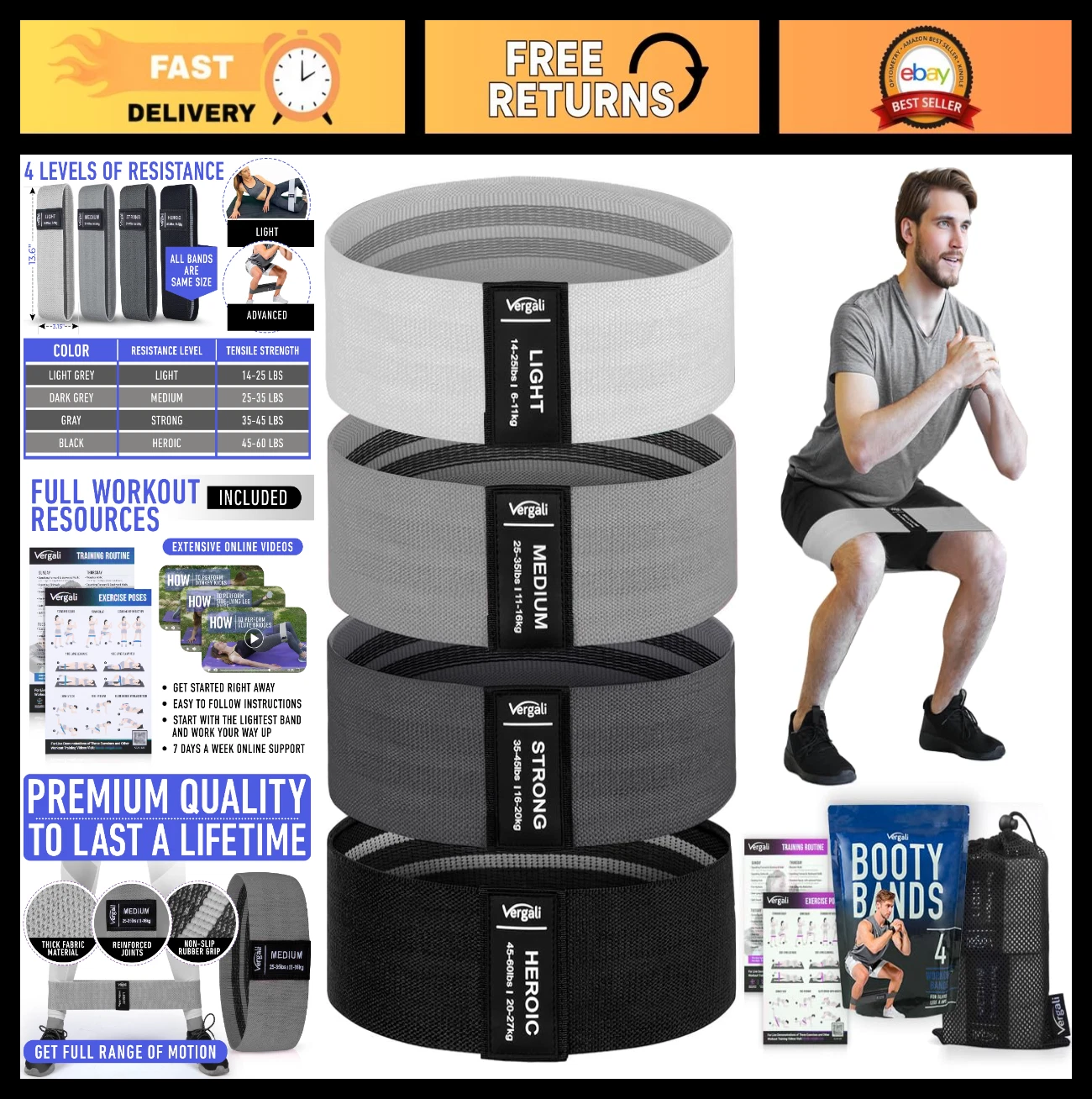 Resistance Bands Set for Workout - 4 Fabric Booty Bands for Legs, Glutes & Thigh