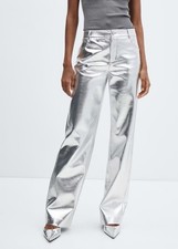 MNG Mango Metallic Silver Faux Leather Straight Leg Pants Size US 2 / EU 34