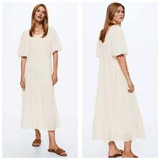 Mango Cream Puff Sleeves Cotton Midi Dress Size XS Oversize Babydoll Cottagecore