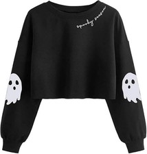 Women Fall Halloween Ghost Crop Sweatshirt Lantern Sleeve Pullover