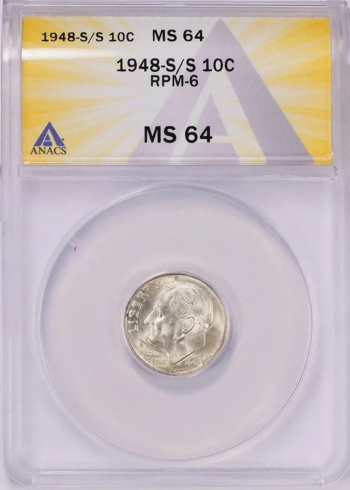 ERROR/VARIETY 1948-S/S Roosevelt Dime RPM-6 ANACS MS-64  ONE MESSED UP 'S' L@@K! - Image 2 of 3
