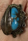 VTG  Silver Ring Morenci Turquoise Size 8 Leaf Motif Swirl Old Pawn
