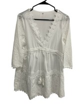 Crochet Lace Tassel Tie Summer Mini Dress White Sz Medium Coastal Beach Boho