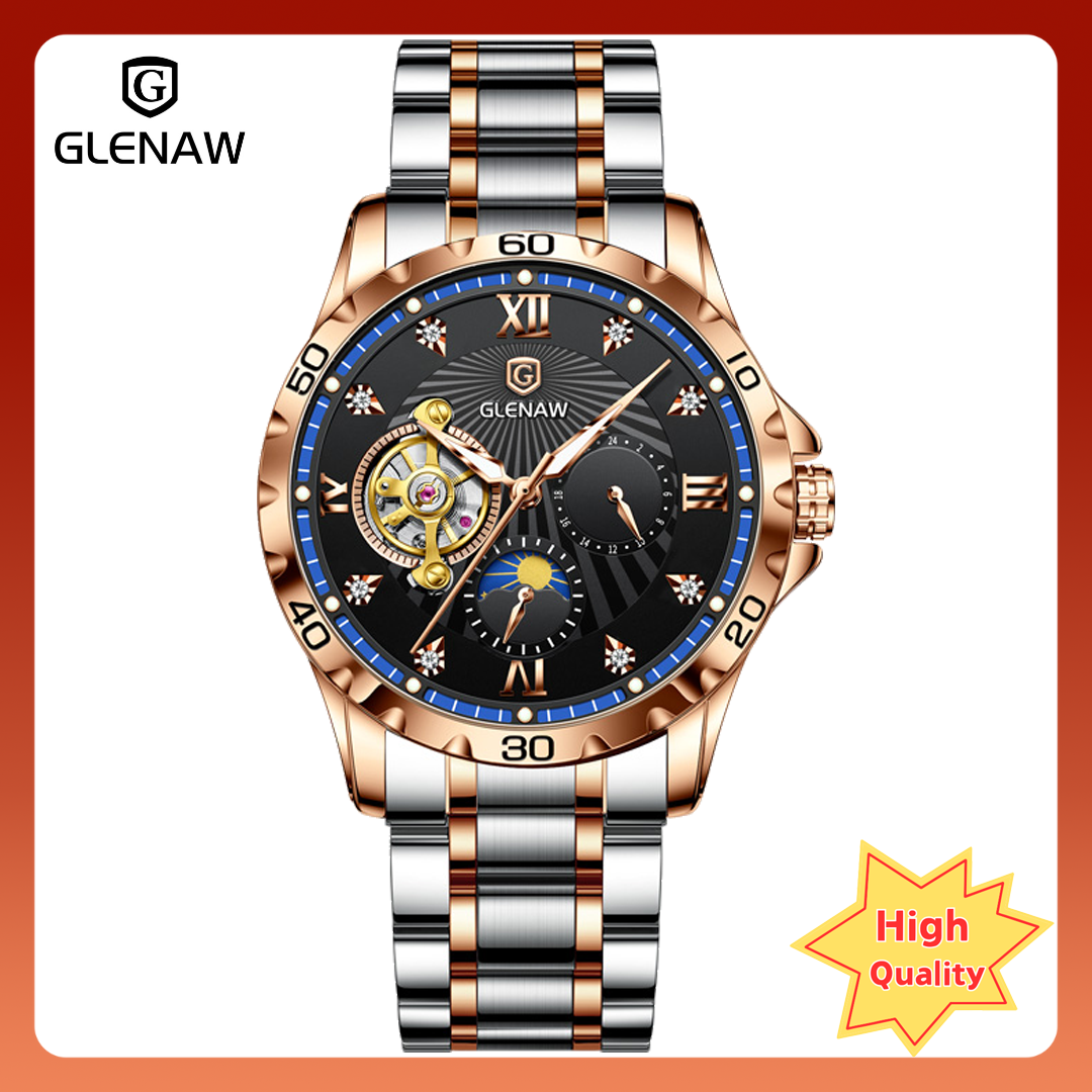 GLENAW Stainless steel strap skeleton automatic winding mechanical men's watch
