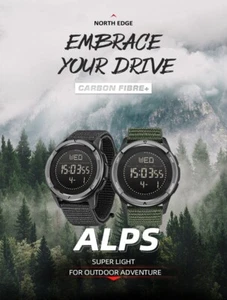 NORTH EDGE ALPS Montre numérique en fibre de carbone pour hommes Shock Militray Army Sport Watch