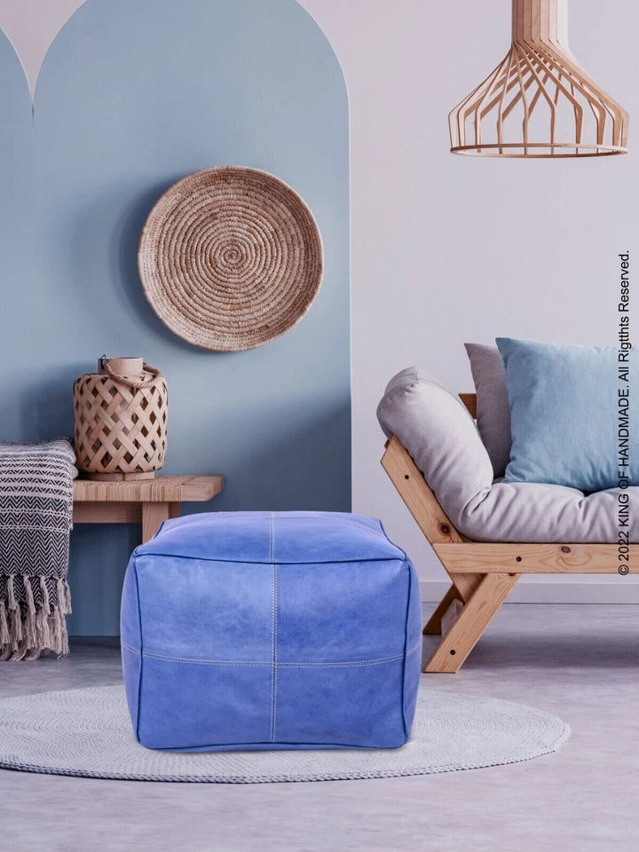 Moroccan Handmade Genuine Leather Unstuffed  Pouf Ottoman Footstool Pouffe Blue - Image 4 of 4