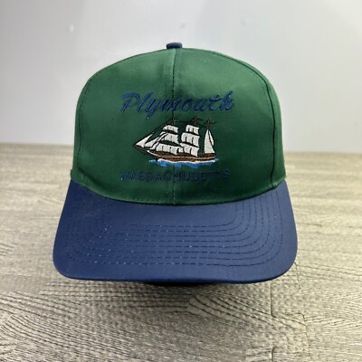 Vintage Plymouth Massachusetts Hat Cap Snap Back Adjustable Green Sailboat Adult