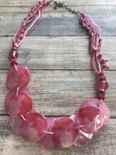 Pink Beaded Necklace 22" Large disc Seed Beads Statement