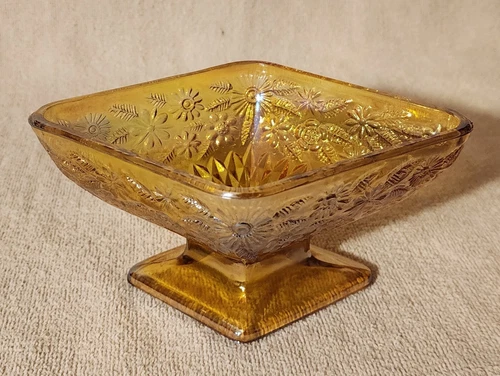 Vintage Indiana Amber Carnival Glass Pedestal Diamond Shaped Candy Dish Bowl EUC