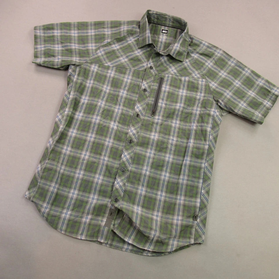 Camisa REI para mujer pequeña manga corta frente a presión exterior verde a cuadros informal Foto 2 de 4