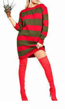 Womens Long Red Green Striped Dress Hallowen Party Dress Crew Neck Sizes 8-22 UK