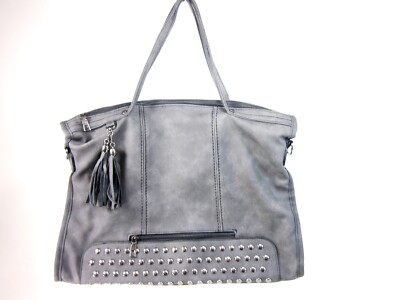 DONALWORLD RIVET STUDDED TASSEL TOP HANDLE HANDBAG,SUEDE LEATHER ,GREY,NEW