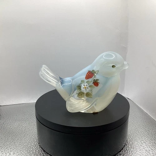 Fenton Opalescent Bird w/ Strawberry Design Hand Painted & Signed