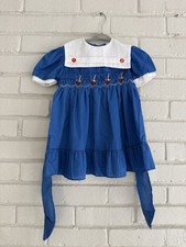 Vintage Smocked Collared A-Line Dress Blue White Sailboats Embroidered Girls 4T
