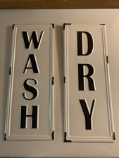 Pair of Wash  Dry White Distressed Tin Metal Laundry Room Wall Signs
