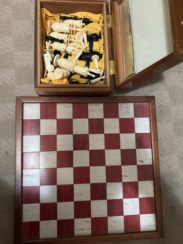 Vintage Russian Wooden Chess Set Box Excellent Condition Hand Carved Painted 22