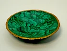 Vintage Malachite Trinket Dish Natural Green Gemstone with Brass Bowl Round