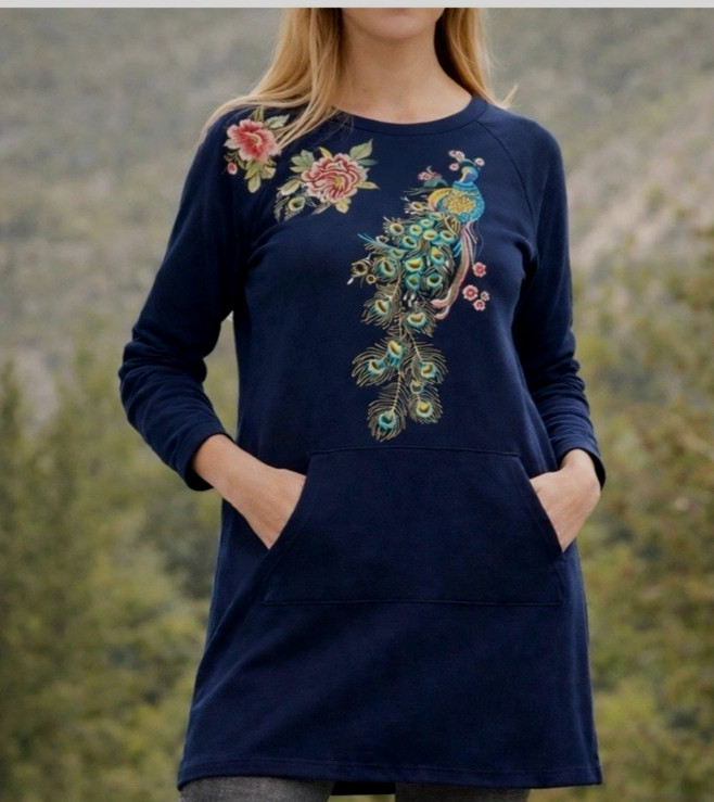 NWOT Driftwood Tunic Sweatshirt Dress Sz Large Layla Embroidered Peacock Floral