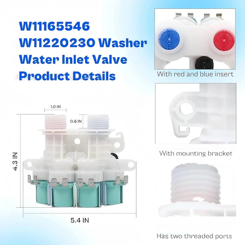 Válvula de entrada de água para lavadora W11165546 W11096267 compatível com Whirlpool Kenmore W10758828 - Imagem 3 de 4