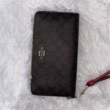 Coach Brown Logo Wristlet Wallet for Women with Red Zipper Strap