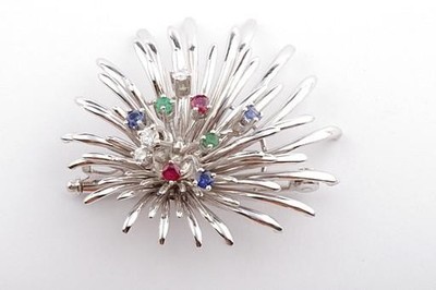 Diamond Ruby Emerald Sapphire Brooch 585 14kt White Gold #