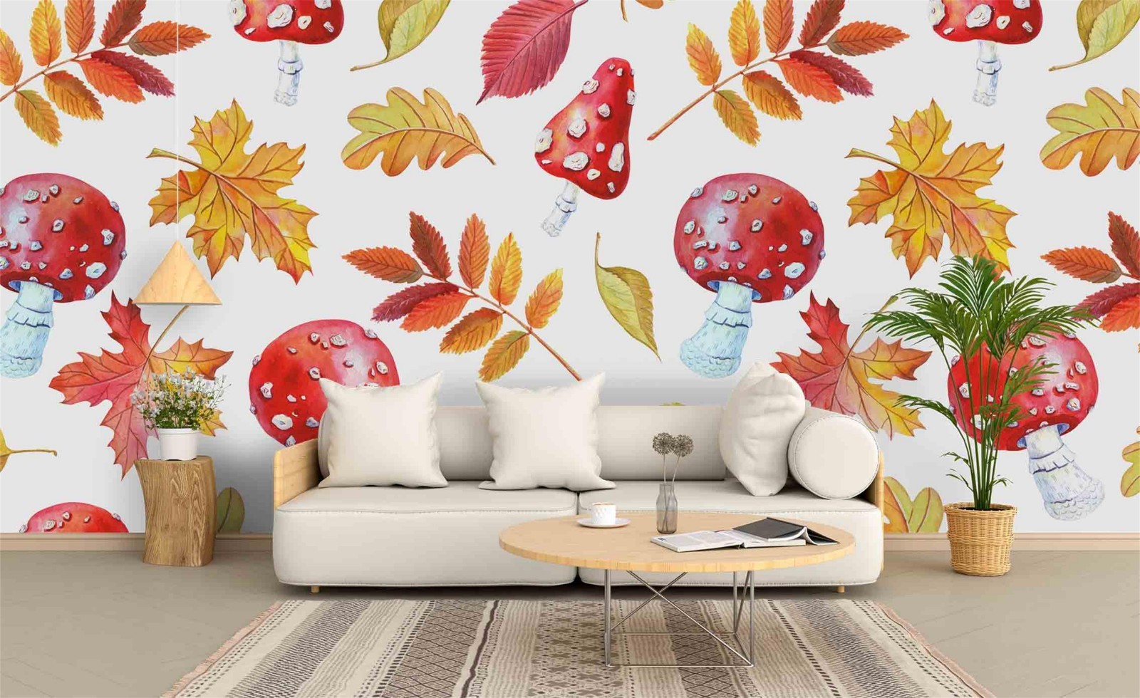3D Autumn Mushroom Leaf Pattern Wall Murals Wallpaper Murals Wall Sticker