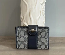 COACH CU987 Medium Corner Zip Wallet Signature Jacquard & Leather Midnight Navy