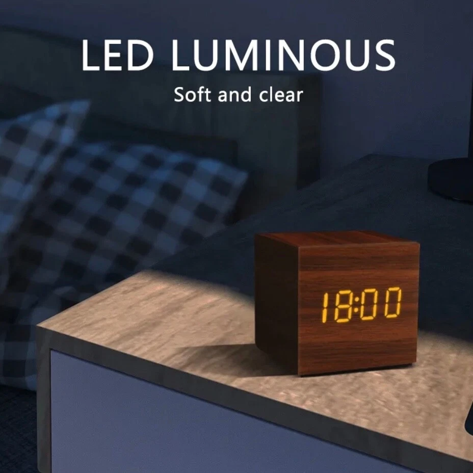 Eco-Friendly Wooden LED Alarm Clock with Voice Control - USB/AAA Battery Powered - Image 3 of 4
