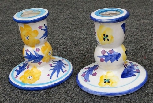 Floral gold and blue ceramic candlesticks by World Bazaars, Inc, 3 1/8" h 1" d - Picture 4 of 6