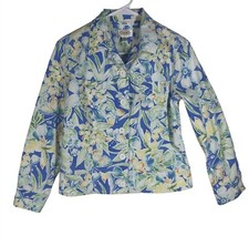 Talbots Petites Floral Print Button Down Stretch Jacket Blue Colorful Size 2P