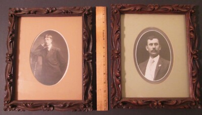 TWO MIDCENTURY SYROCO FAUX WOOD FRAMES with ANTIQUE PHOTOS ~ Instant Relatives!