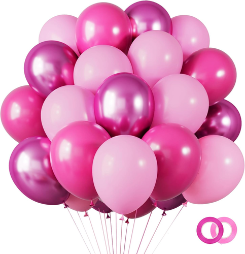 65 Pcs 12 Inches Pink Balloons Metallic Pink Balloons Kit, Hot Pink Chrome Pink