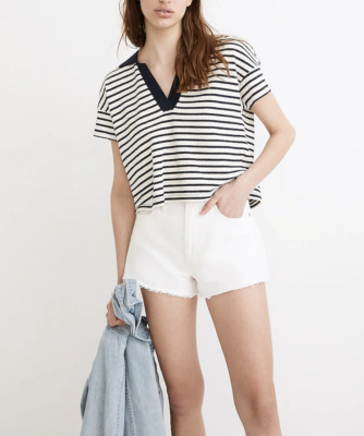 MADEWELL WOMEN'S NAVY WHITE STRIPED TEXTURE-RIB CROPPED POLO TEE TOP Sz S