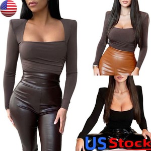 jumpsuit playsuit bodysuit leotard knit skinny slim tops neck square sexy