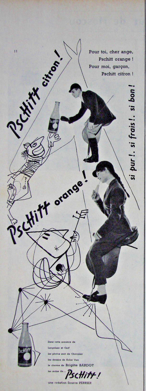 1955 PERRIER PSCHITT PRESS ADVERTISEMENT LEMON OR ORANGE - BRIGITTE BARDOT