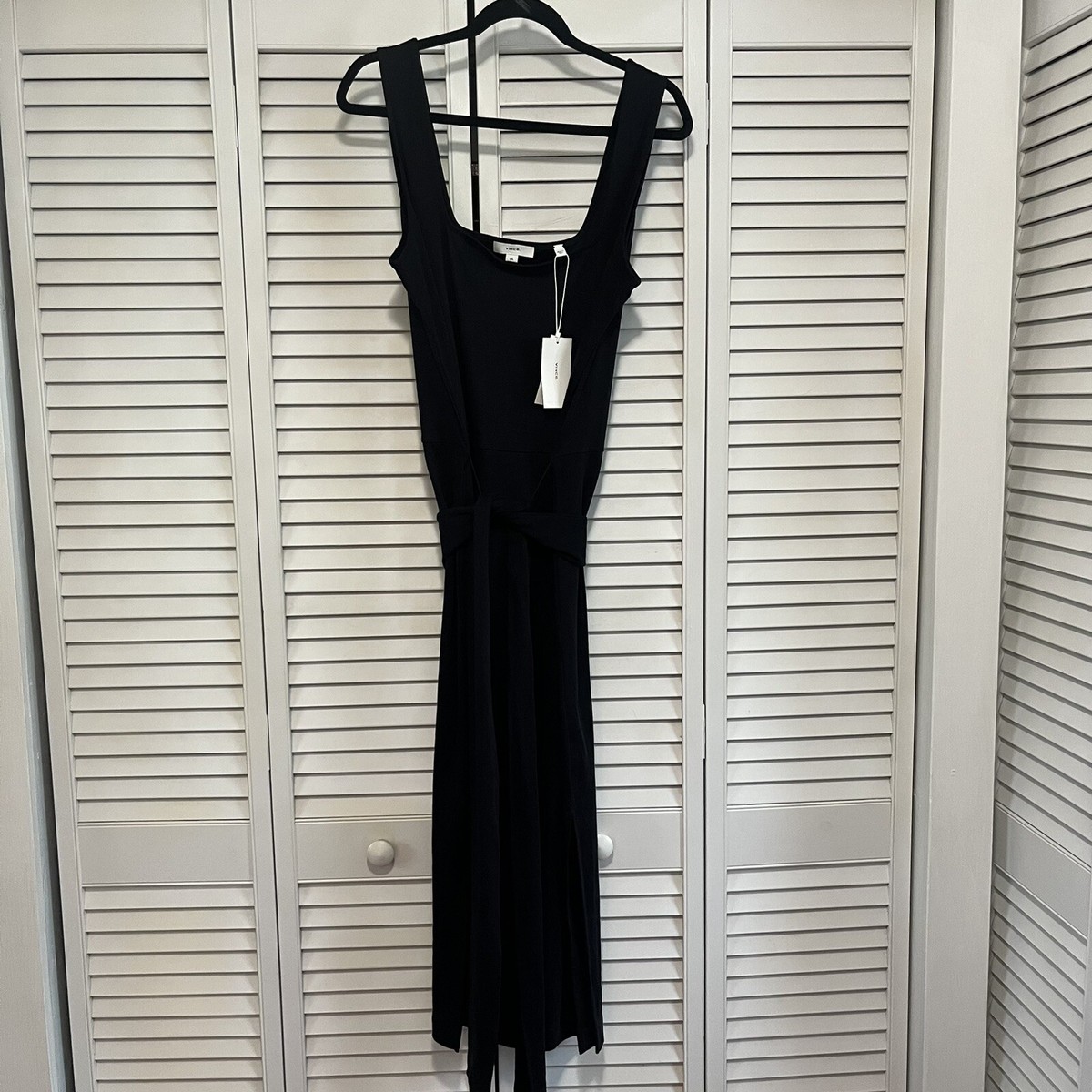 Vince Belted Square Neck Tank Midi Dress Large Black Sleeveless New NWT